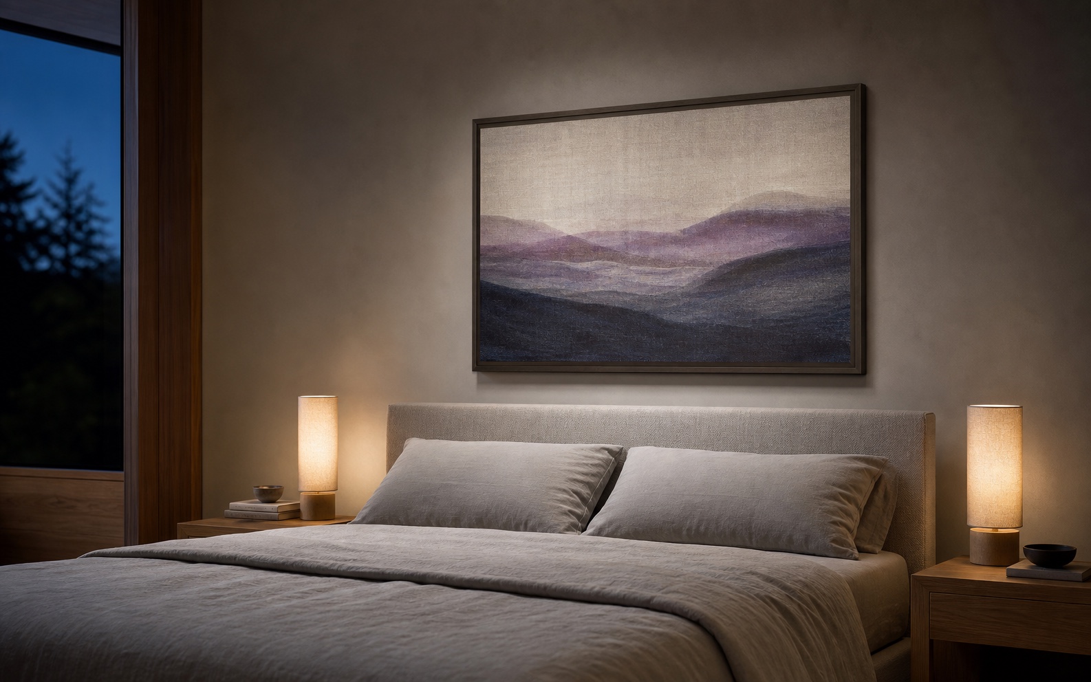 QuietCanvas Wide 宽景可换画芯隐藏声学画框卧室效果图