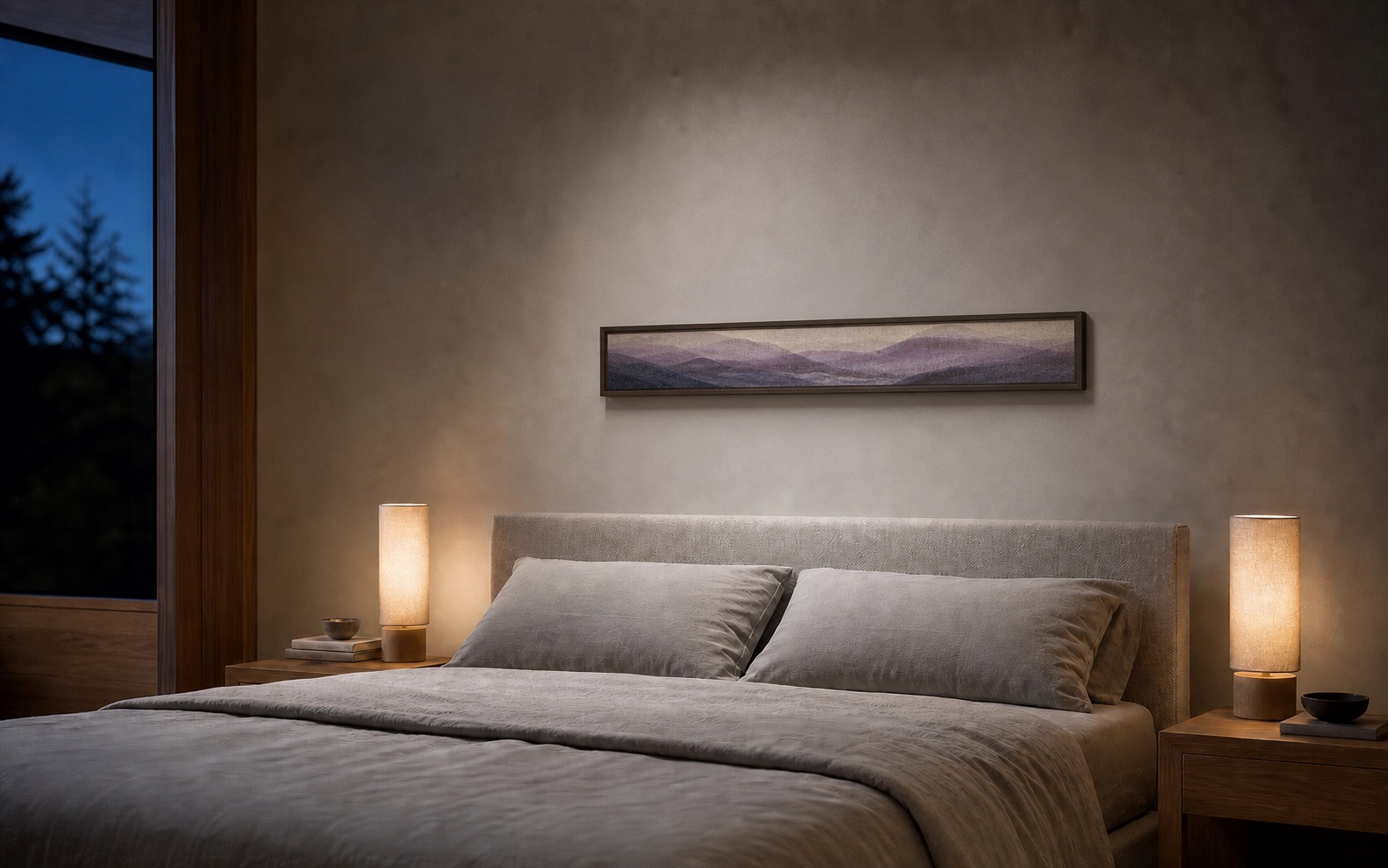 QuietCanvas Bar 约现款一半体量的横向长条隐藏声学画框卧室效果图